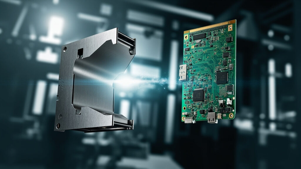Integrated manufacturing showing a precision CNC machined part alongside a populated PCB, symbolizing the seamless coordination of mechanical and electronics production.