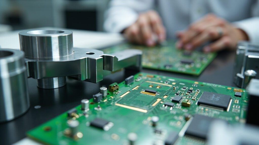 Integrated mechanical and electronic components on a workbench, symbolizing single-source manufacturing capabilities