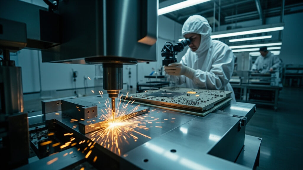 Integrated manufacturing facility showing a CNC machine fabricating a mechanical part and a technician inspecting a PCB assembly, symbolizing end-to-end traceability.