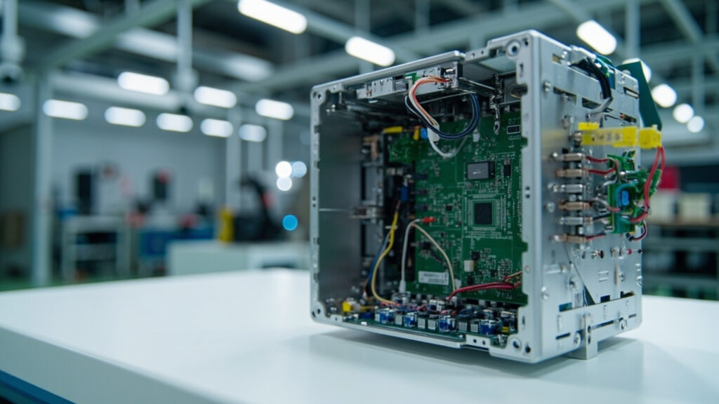 Integrated electromechanical box build assembly in progress, showing a populated PCB, wiring, and custom mechanical components within an enclosure.