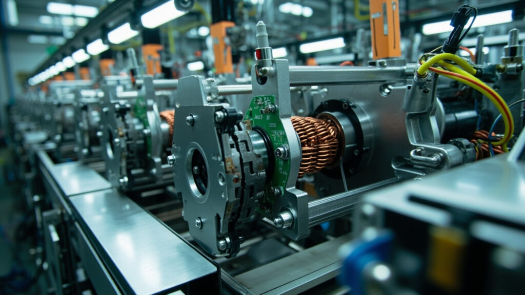 Manufacturing facility with mechanical and electrical components being assembled