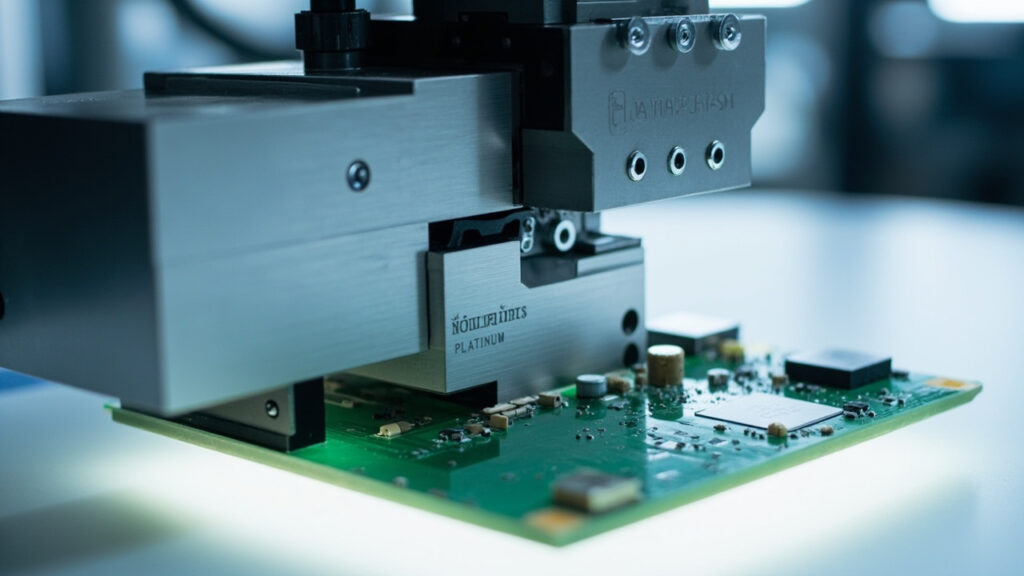 Precision-machined metal fixture securely holding a complex electronic circuit board and mechanical components on a manufacturing workbench.