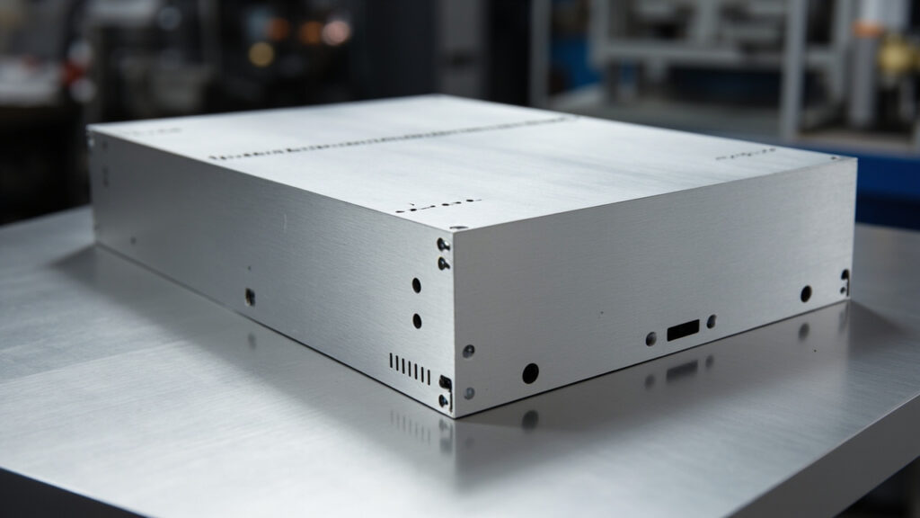 Custom fabricated brushed aluminum sheet metal enclosure with precision laser-cut vents and mounting holes, ready for electronic component integration.