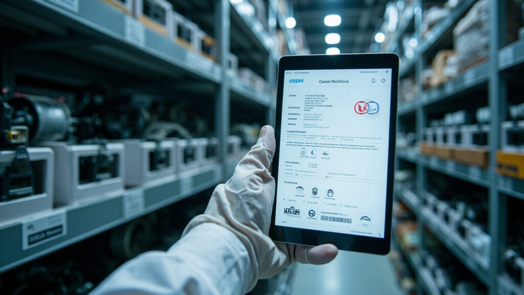 Digital tablet displaying a material certification document in a modern, organized manufacturing warehouse with neatly stored mechanical and electronic components.