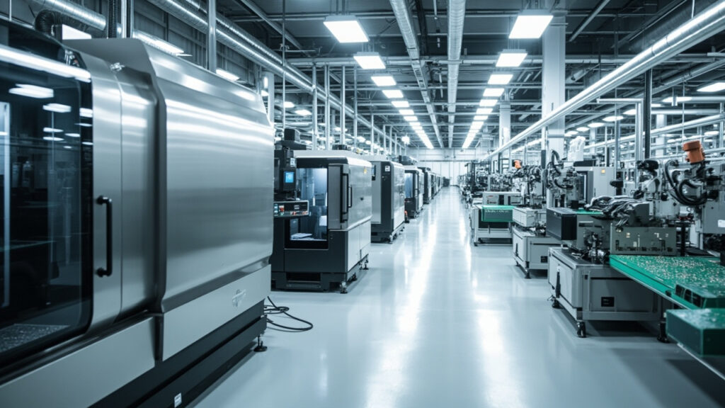 Integrated manufacturing facility showing CNC machines and SMT lines, symbolizing high-quality repeat production for high-mix products.