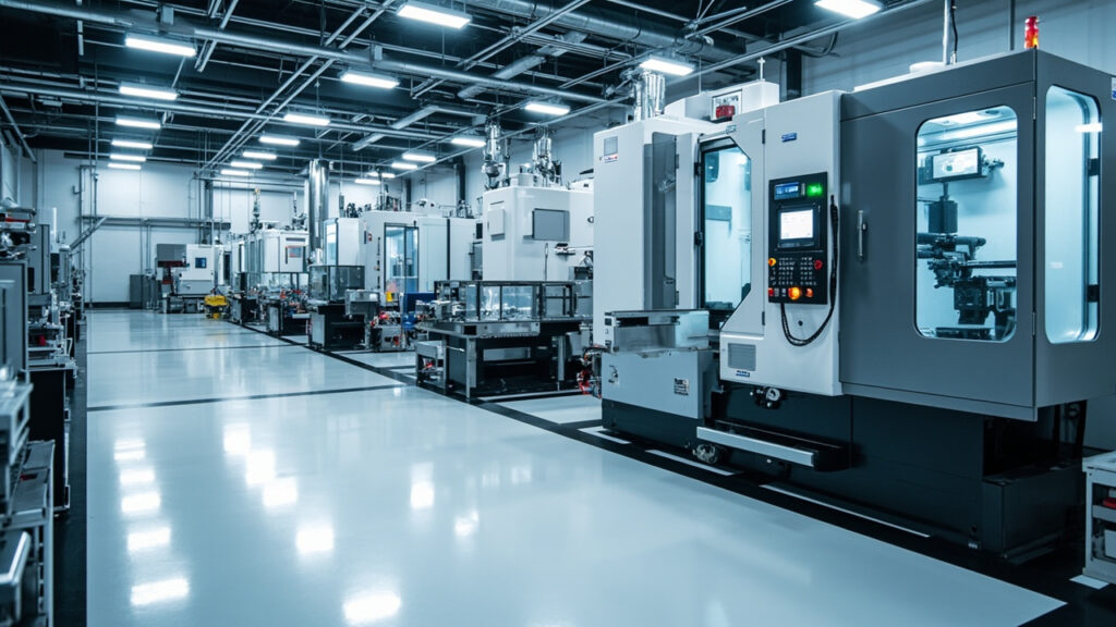 Integrated mechanical and electronics manufacturing facility showcasing both CNC machining and SMT lines for seamless production