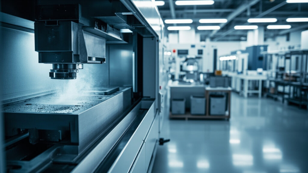 Integrated manufacturing facility showing a CNC machine and SMT line, symbolizing seamless mechanical and electronics production alignment for engineering changes.