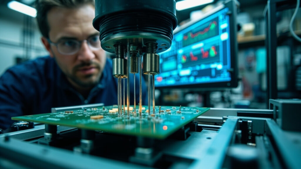 Technician monitoring an in-circuit test (ICT) on a PCB assembly using a bed-of-nails fixture in a clean electronics manufacturing facility.