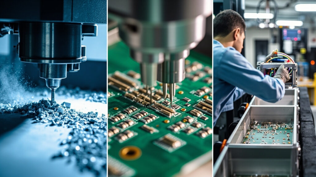 Integrated manufacturing process showing CNC machining, PCB assembly, and mechanical box build assembly