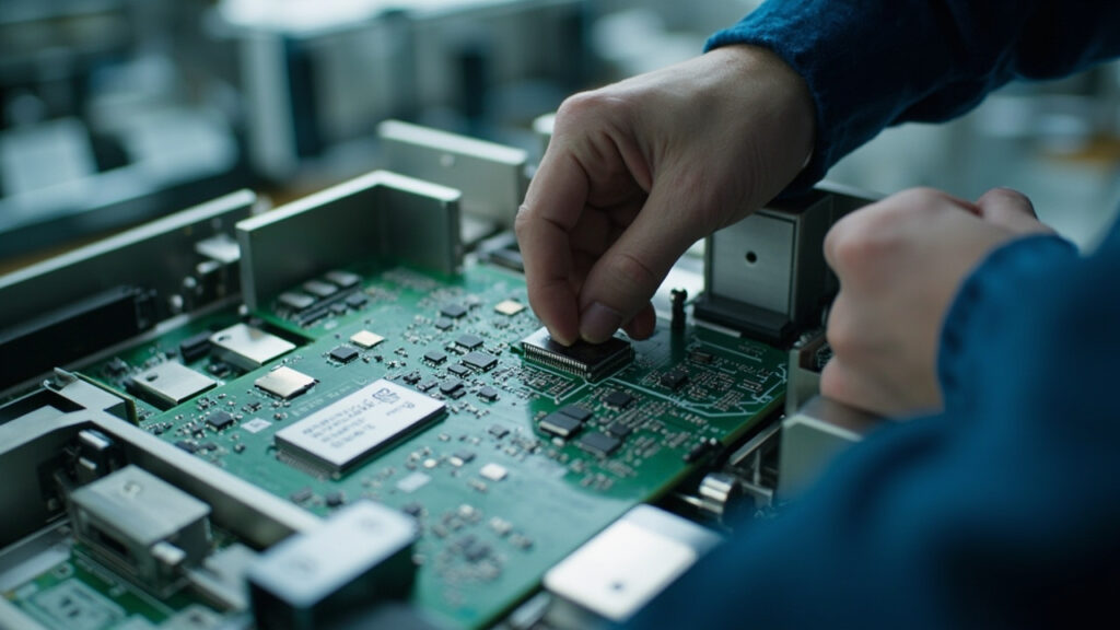 Technician assembling a complex electromechanical product, integrating CNC machined metal parts with a populated PCB, symbolizing integrated manufacturing.