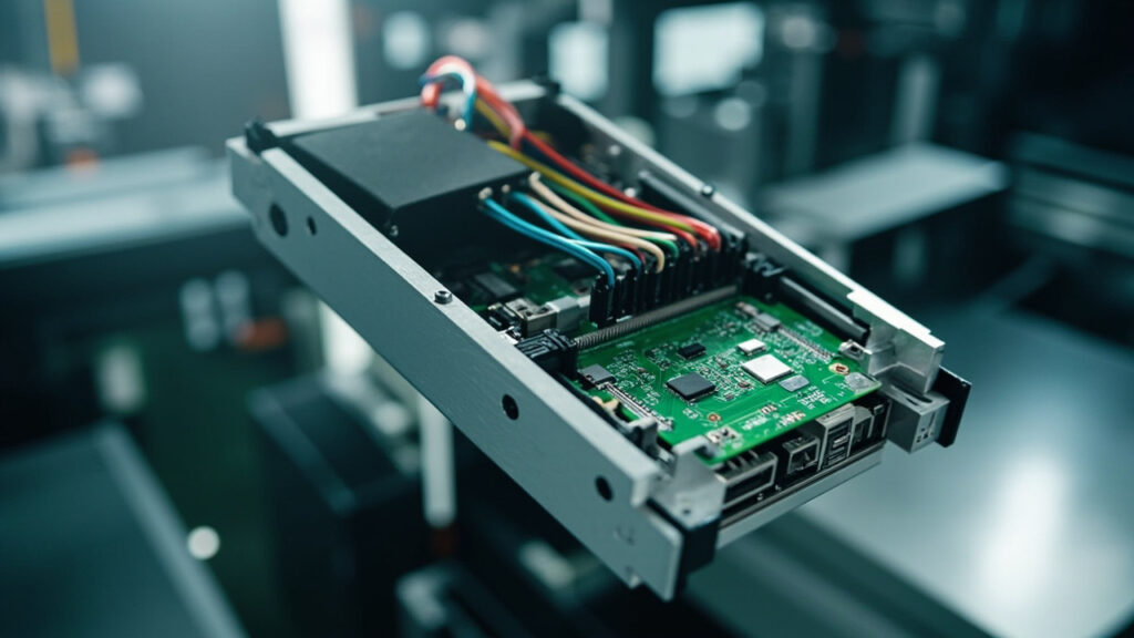 Custom-machined enclosure with integrated PCB assembly and neatly routed cables, showcasing integrated mechanical and electronics manufacturing.