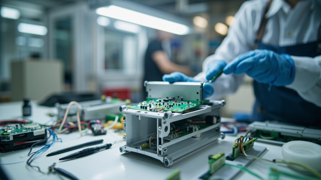 Technician assembling a complex electro-mechanical device, integrating a PCB into a precision-machined enclosure on a workbench.