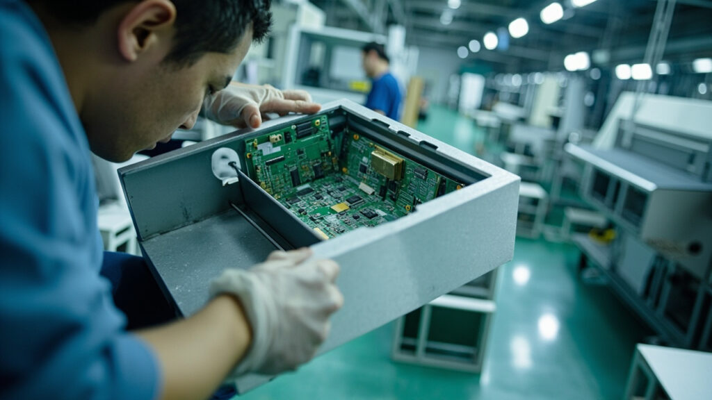 Technician integrating a printed circuit board (PCB) into a precision-machined metal enclosure on a manufacturing floor, symbolizing integrated mechanical and electronics assembly.