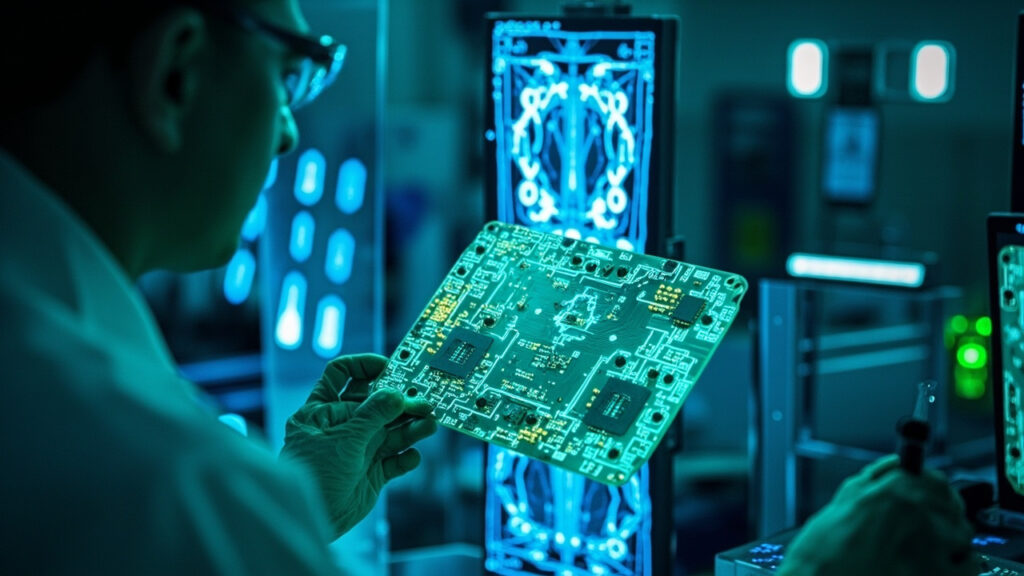 Technician observing a high-resolution X-ray image of a complex PCB assembly on a monitor, highlighting internal solder joint integrity and component placement.