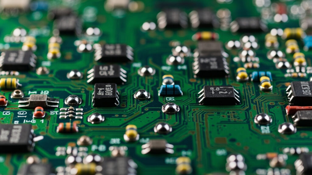 Close-up view of a precisely assembled printed circuit board (PCB) featuring a mix of surface mount technology (SMT) components and through-hole components, showcasing intricate soldering and component placement.