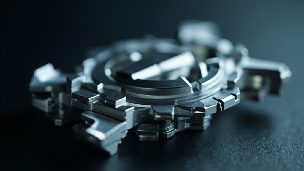 Close-up of a precision CNC machined metal component with intricate details and a smooth finish