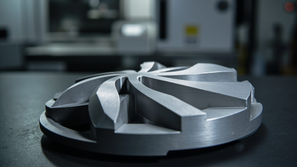 Close-up of a complex, precisely CNC-machined metal component, showcasing intricate details and a smooth finish, on an industrial workbench.