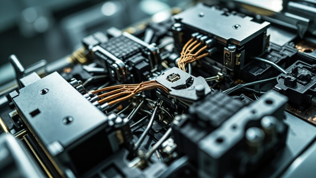 High-precision mechanical subassembly with intricate machined metal components, demonstrating Four Points Platinum's manufacturing capabilities.