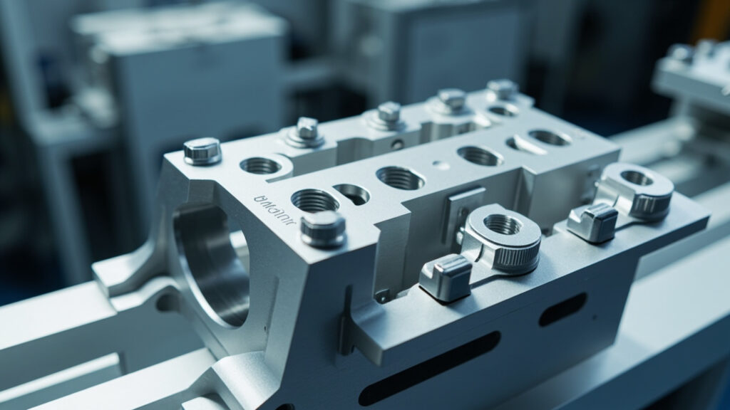 Precision-machined aluminum pneumatic and hydraulic manifold with intricate porting