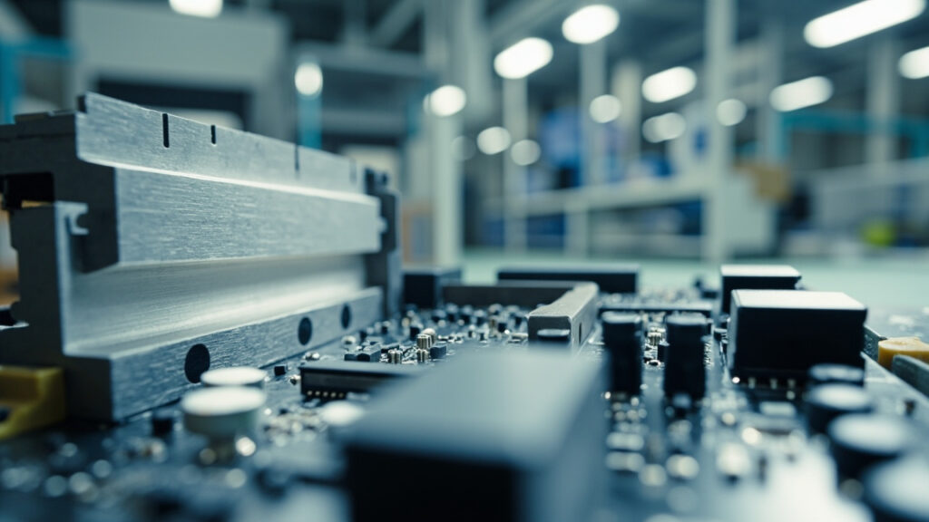 Close-up of a technician assembling a complex product prototype, showing precision machined metal housing and a populated circuit board, in a clean manufacturing environment.