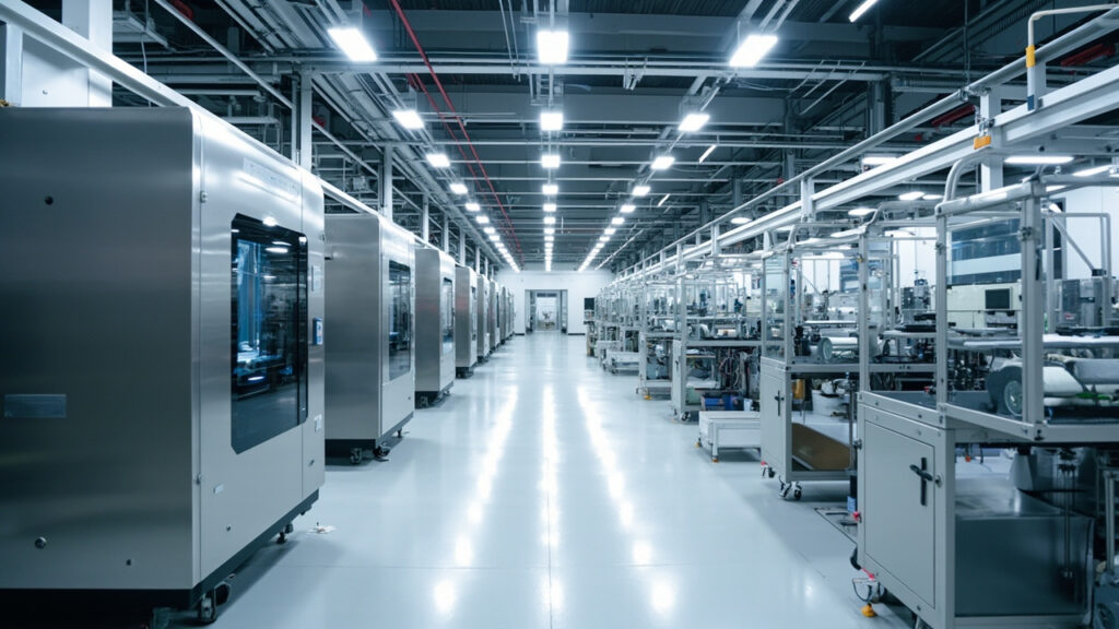 Interior view of an integrated manufacturing facility showing precision CNC machining centers and automated SMT lines, symbolizing combined mechanical and electronics production.