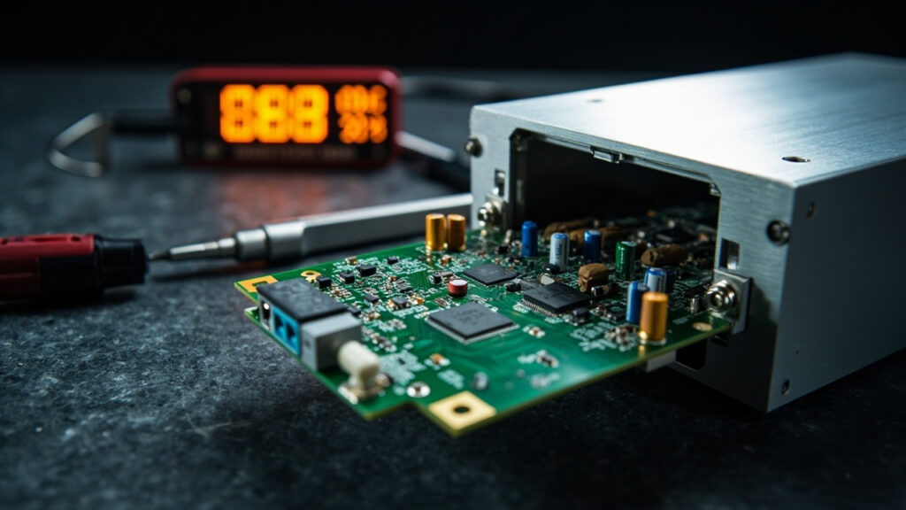 Integrated mechanical and electronic prototype assembly, showcasing a PCB being fitted into a CNC machined enclosure, representing rapid prototyping services.