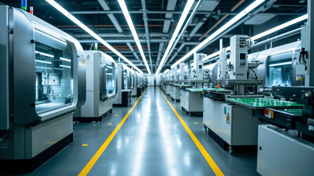 Integrated manufacturing facility showcasing advanced CNC machines and SMT lines, symbolizing precision and process control for high-mix production.