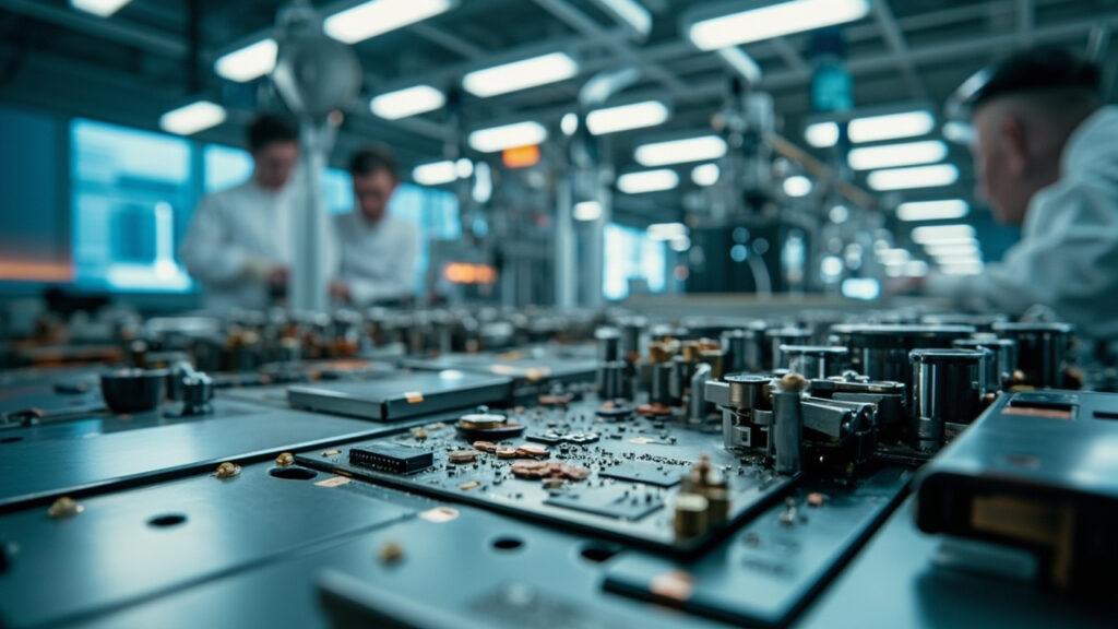 Overview of a secure, integrated mechanical and electronics contract manufacturing facility, emphasizing precision and organized processes for supply chain security.