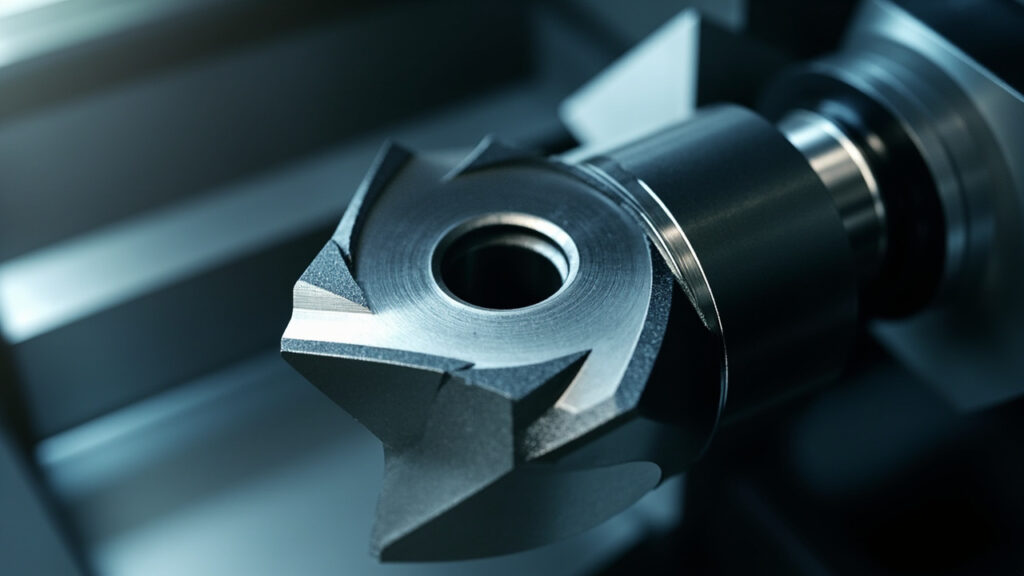 Close-up of a highly durable, precision-machined carbide cutting tool insert with an advanced coating, showcasing its sharp edges and reflective surface.