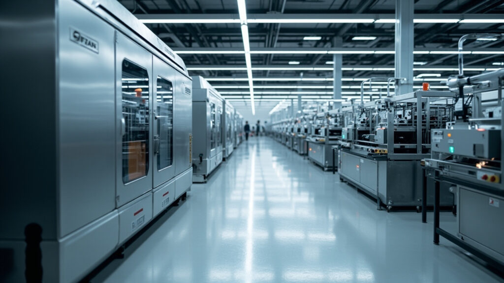 Integrated manufacturing facility showing CNC machines and electronics assembly lines side-by-side, symbolizing consolidated mechanical and electronics production.