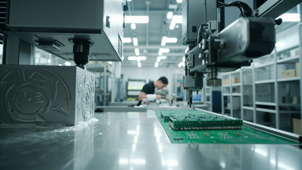 Integrated manufacturing facility showing CNC machining, PCB assembly, and box-build operations under one roof