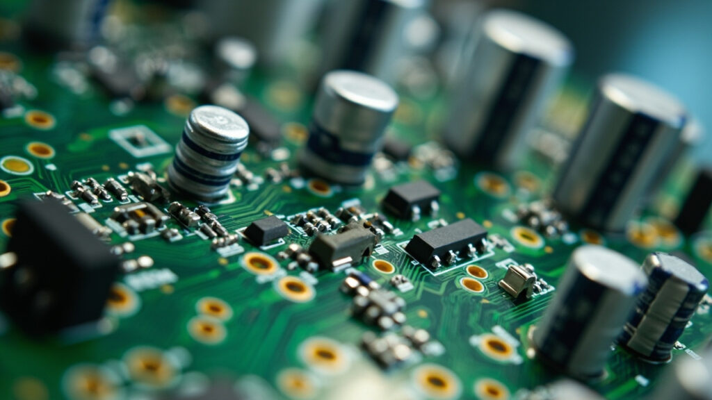 A detailed view of a printed circuit board showcasing both densely packed surface-mount components and larger, robust through-hole components, illustrating mixed-technology PCB assembly.