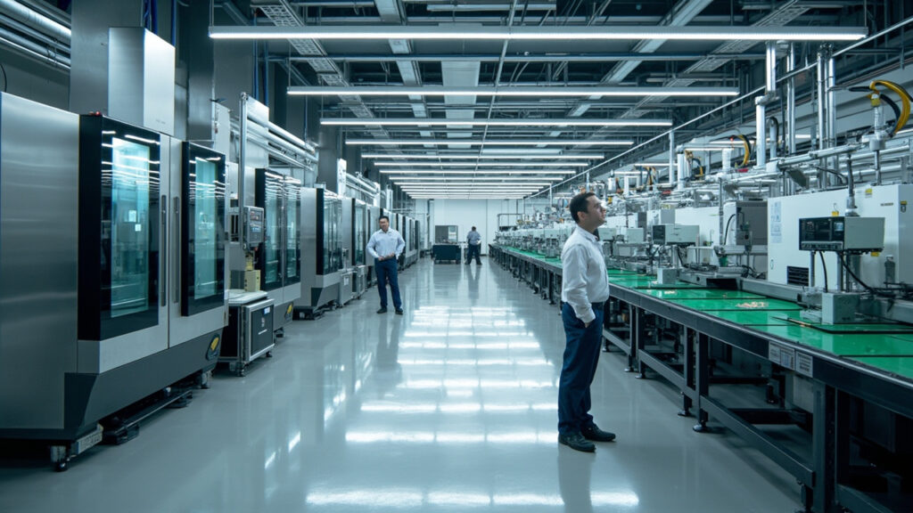 Integrated manufacturing facility showing precision CNC machines and SMT lines, representing high-mix production capabilities.